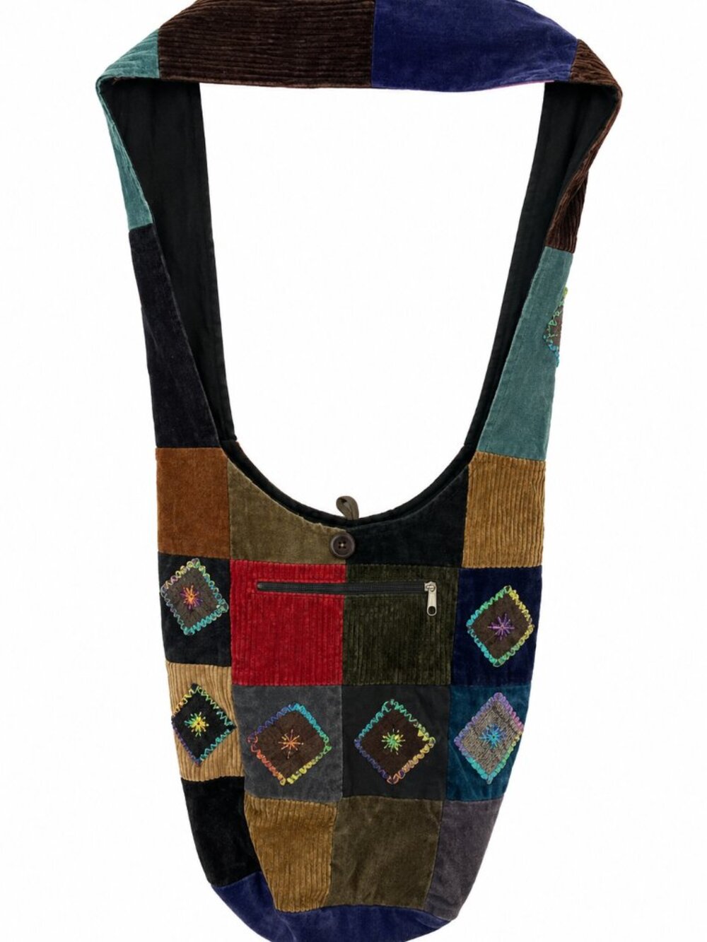 Boho Hippie Patchwork Corduroy Hobo Sling Crossbody Shoulder Bag Embroidered
